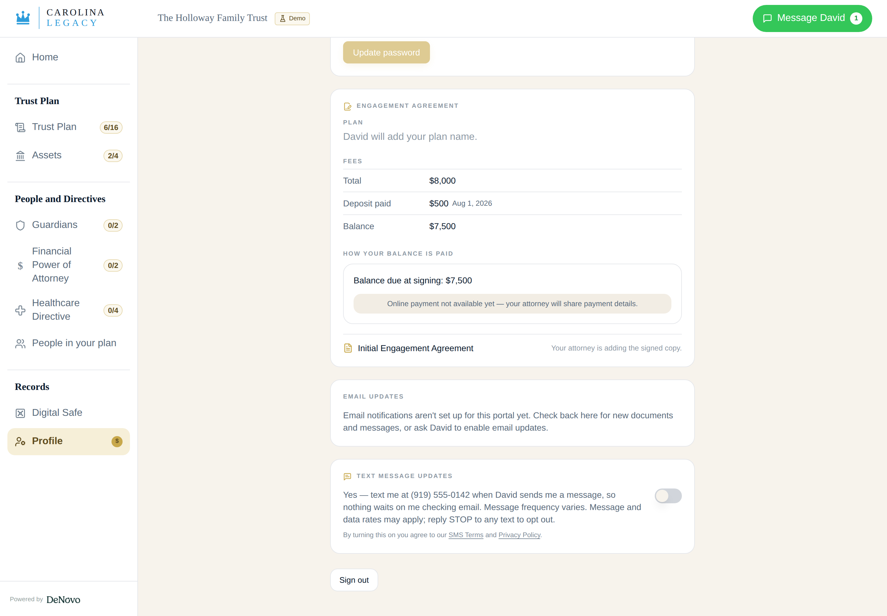 The Carolina Legacy Law client portal Profile page showing the "Text message updates" consent setting switched off, which is the default state for every client.