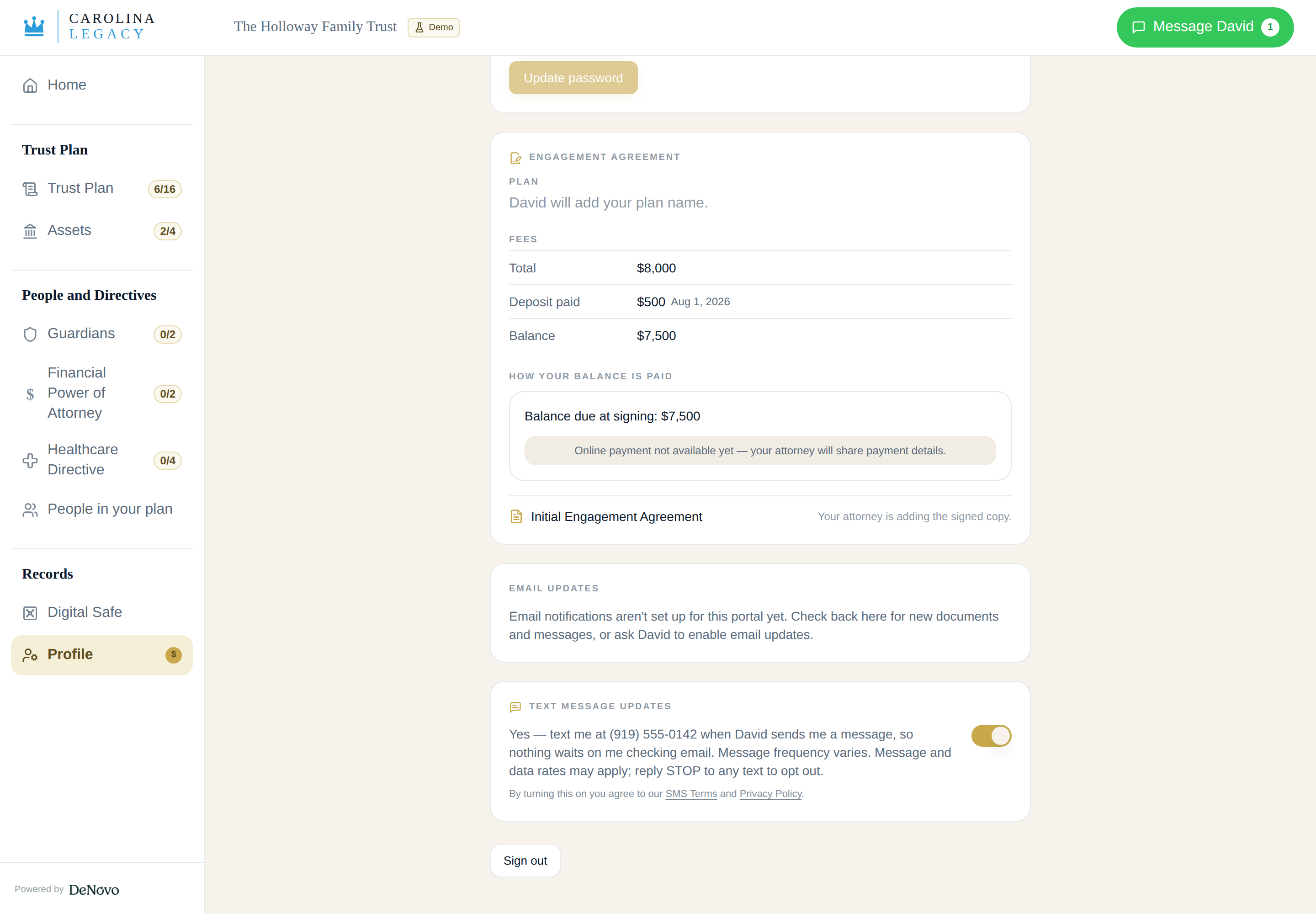 The same consent setting switched on, showing the message-frequency, message-and-data-rates, and reply-STOP disclosures together with links to the SMS Terms and Privacy Policy.